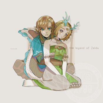 Rule 34 | 1boy, 1girl, annco60, barefoot, blonde hair, blue eyes, blue shirt, champion's tunic (zelda), clenched teeth, copyright name, dragon girl, dragon horns, dragon tail, dress, expressionless, frown, green tabard, hashtag-only commentary, horns, hug, hug from behind, light dragon (zelda), link, looking at viewer, nintendo, pointy ears, princess zelda, shirt, short hair, spoilers, strapless, strapless dress, tabard, tail, teeth, the legend of zelda, the legend of zelda: tears of the kingdom, twitter username, v-shaped eyebrows, white dress