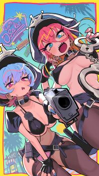 Rule 34 | 2girls, aiming, aiming at viewer, belt collar, black gloves, blue eyes, blue hair, blue nails, blush, border, breasts, breasts apart, cleavage, collar, commentary request, cuffs, dutch angle, earrings, english text, female pubic hair, fingerless gloves, fingernails, gashi-gashi, gloves, gun, handcuffs, handgun, highres, holding, holding gun, holding weapon, jewelry, large breasts, long fingernails, multicolored hair, multiple girls, nail polish, open mouth, original, outdoors, outside border, palm tree, pink eyes, pink hair, pink nails, police, police uniform, policewoman, pubic hair, pubic hair peek, purple hair, sharp teeth, sign, teeth, thighhighs, tree, upper teeth only, weapon, yellow border