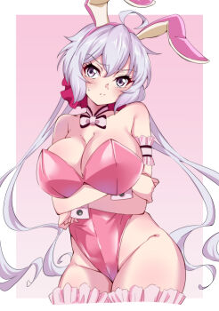 1girl absurdres ahoge blush breasts cleavage freedom_xdrive grey_hair hair_between_eyes hair_ornament hair_scrunchie highres large_breasts leotard long_hair looking_at_viewer low_twintails pink_leotard playboy_bunny purple_eyes scrunchie senki_zesshou_symphogear shiny_skin solo standing thighhighs twintails very_long_hair yukine_chris