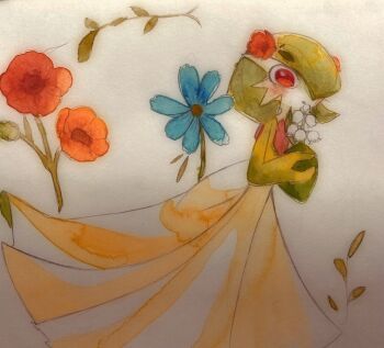 Rule 34 | 1girl, :o, blue flower, blush, colored skin, female focus, flower, from side, gardevoir, gen 3 pokemon, green skin, hair flower, hair ornament, hair over one eye, hands up, interlocked fingers, lily of the valley, looking at viewer, multicolored skin, nintendo, one eye covered, open mouth, own hands together, painting (medium), pokemon, pokemon (creature), powerpuff (pixiv 60944739), red eyes, red flower, simple background, solo, standing, traditional media, two-tone skin, watercolor (medium), white background, white flower, white skin