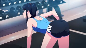 1girl absurdres ass back banana88 barbell bike_shorts black_hair black_shorts blue_eyes blue_shirt blurry blurry_background blush breasts exercising gridman_universe gym highres long_hair mat official_alternate_costume ponytail shadow shirt shorts sleeveless sleeveless_shirt ssss.gridman takarada_rikka thighs