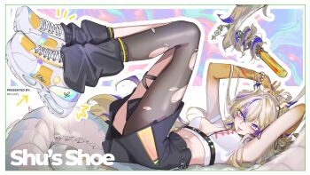 1girl absurdres alternate_costume black_skirt breasts commentary crop_top english_commentary hair_between_eyes highres khrnnfz long_hair looking_at_viewer loose_socks multicolored_hair purple_eyes shoes shu_(arknights) skirt small_breasts sneakers socks solo thighhighs torn_clothes torn_thighhighs