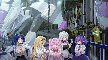 Rule 34 | 5girls, absurdres, aqua eyes, belt, black belt, black shirt, black skirt, blonde hair, blue hair, blue hairband, bow, bowtie, breasts, cardigan, cleavage, clenched teeth, closed eyes, commentary request, crossed arms, green eyes, grey hair, hair between eyes, hair ornament, hair ribbon, hairband, hand on another's shoulder, hangar, highres, htoku3, ichijo shirona, index fingers together, jacket, kuchiba rami, long hair, maze guarder (muv-luv), mecha, mole, mole on breast, momozono meru, multiple girls, muv-luv, muv-luv girls garden, narutaki nanairo, necktie, o o, one side up, open clothes, open jacket, pink cardigan, purple hair, purple necktie, purple skirt, railing, red bow, red bowtie, ribbon, robot, school uniform, shirt, short hair, skirt, smile, tears, teeth, thumbs up, tsukigase chiyuru, twintails, two side up, white jacket, white shirt, white skirt, yellow eyes, yellow necktie