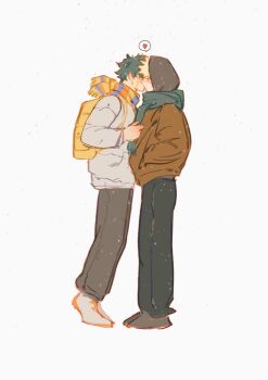 2boys backpack bag bakugou_katsuki black_pants blonde_hair blush boku_no_hero_academia brown_jacket brown_pants brown_shoes closed_eyes eyeempty from_side green_hair green_scarf grey_sweater hand_in_pocket hashtag-only_commentary heart jacket kiss male_focus midoriya_izuku multicolored_scarf multiple_boys pants scarf shoes short_hair simple_background spiked_hair spoken_heart sweater tiptoes white_background yaoi yellow_bag