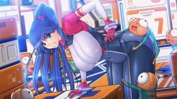 1girl 6+boys alien animated animated_gif arekara4nen ass bent_over blue_eyes blue_hair bodysuit bouncing_breasts breasts censored frottage game_cg large_breasts long_hair male_masturbation masturbation molestation monster multiple_boys open_mouth penis ponytail sennai_ni_nazo_no_seimei_hannou size_difference source_request thick_thighs thighs