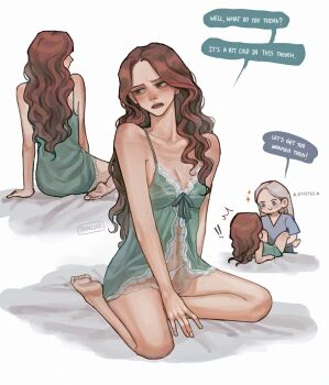 ! !! 2girls a_song_of_ice_and_fire alicent_hightower barefoot breasts brown_hair clothing_request english_text feet highres long_hair multiple_girls parted_lips rhaenyra_targaryen sparkle speech_bubble tcn_tancha toes yuri