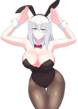 1girl absurdres animal_ears arms_up black_leotard blue_eyes blush bow bowtie breasts cleavage closed_mouth collar cowboy_shot curvy detached_collar fake_animal_ears girls_und_panzer grey_hair grey_pantyhose highres iteza_(flapper_girl_25) itsumi_erika large_breasts leaning_forward leotard looking_at_viewer medium_hair pantyhose playboy_bunny rabbit_ears rabbit_pose red_bow red_bowtie simple_background smile solo standing strapless strapless_leotard thigh_strap white_background white_collar wing_collar wrist_cuffs