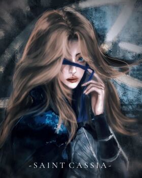 1girl aegyo_sal armor artskiddy69 blindfold blindfold_lift blonde_hair blue_eyes blue_robe breastplate cassie_(shadow_slave) character_name highres long_hair looking_at_viewer one_eye_covered robe shadow_slave shoulder_armor solo