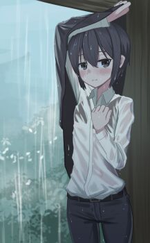 1girl absurdres akts625 androgynous arm_up belt belt_buckle black_belt black_hair black_jacket black_pants black_sports_bra blush bra_visible_through_clothes brown_eyes buckle bush closed_mouth collarbone commentary cowboy_shot curled_fingers dress_shirt dripping expressionless fog foliage hair_between_eyes hand_on_own_chest hand_up highres holding holding_unworn_clothes holding_unworn_jacket jacket kino_(kino_no_tabi) kino_no_tabi long_sleeves pants rain romaji_commentary see-through_clothes see-through_shirt shielding shirt short_hair solo sports_bra standing taking_shelter thigh_gap tomboy unworn_jacket very_short_hair wavy_mouth wet wet_clothes wet_shirt white_shirt wooden_wall