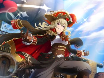 1girl ascot barrel black_ascot black_hat black_jacket blue_sky breasts brown_corset brown_gloves cannon corset cosplay day edward_teach edward_teach_(cosplay) flag frilled_sleeves frills game_cg gloves grey_hair grey_pants hair_between_eyes half_gloves hat jacket jacket_on_shoulders jewelry long_hair long_sleeves looking_at_viewer medium_breasts official_art outstretched_arms pants pirate_hat pirate_ship purple_eyes saijou_claudine shirt shoujo_kageki_revue_starlight shoujo_kageki_revue_starlight_-re_live- sidelocks sky smile solo standing upper_body wavy_hair white_shirt