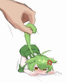 1girl 1other anger_vein annoyed blush commentary grabbing_another&#039;s_tail green_hair green_shorts green_suspenders hands_on_ground holding_another&#039;s_tail mini_person minigirl motion_lines myoon_da4 narrowed_eyes out_of_frame puffy_shorts pulling_tail shorts suspenders sweatdrop tail tail_grab tail_pull top-down_bottom-up voicevox white_background yellow_eyes zundamon
