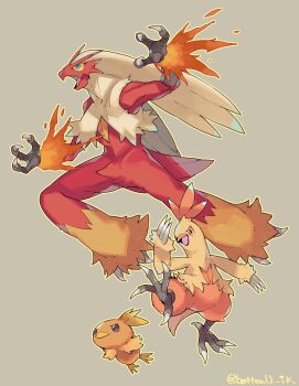 absurdres beak blaziken blue_eyes claws closed_mouth colored_sclera combusken evolutionary_line fire furry gen_3_pokemon highres mamebato neck_fur nintendo open_mouth pokemon pokemon_(creature) pokemon_focus red_fur simple_background torchic yellow_fur yellow_sclera