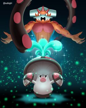 2024 amoonguss arms_up full_body gameplay_mechanics gen_5_pokemon highres horns landorus landorus_(incarnate) legendary_pokemon looking_at_viewer nintendo no_humans pectorals pokemon pokemon_(creature) pokemon_move simple_background spore_(pokemon) sudogiri teamwork terastallization pokemon_world_championships