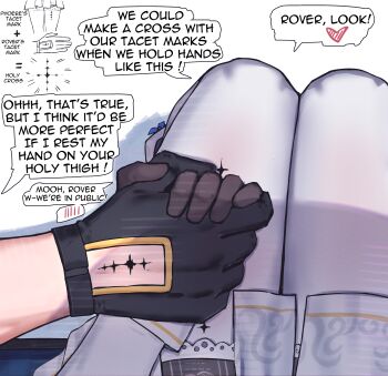 1boy 1girl 2na_(blue2na) absurdres black_gloves blush commentary english_commentary english_text female_pov gloves heart highres holding_hands male_rover_(wuthering_waves) pantyhose phoebe_(wuthering_waves) pov rover_(wuthering_waves) simple_background sitting skirt tacet_mark_(wuthering_waves) white_background white_pantyhose white_skirt wuthering_waves