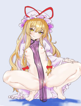 1girl blonde_hair blush bow breasts censored convenient_censoring hair_between_eyes hair_bow hat hat_ribbon highres long_hair looking_at_viewer mob_cap nipples pussy ribbon ribs see-through_clothes simple_background smile soara_shimomo solo spread_legs tiptoes touhou yakumo_yukari