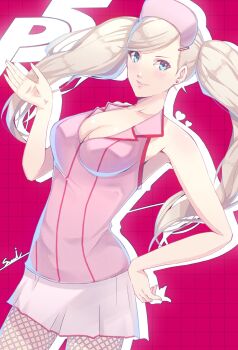 1girl blonde_hair blue_eyes breasts cleavage collarbone collared_shirt commentary_request copyright_name corner50777313 earrings fishnet_pantyhose fishnets grin hair_ornament hairclip hand_on_own_hip hand_up hat heart highres jewelry large_breasts long_hair looking_at_viewer miniskirt nurse nurse_cap pantyhose parted_lips persona persona_5 pink_shirt purple_background red_trim shirt skirt smile solo stud_earrings takamaki_anne twintails very_long_hair white_skirt