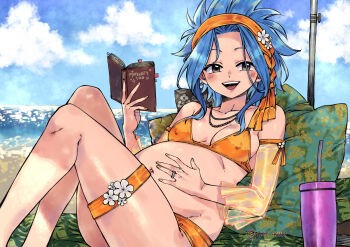 1girl big_belly bikini blue_hair breasts brown_eyes commentary commission english_commentary fairy_tail hand_on_own_stomach highres jewelry levy_mcgarden looking_at_viewer lying ocean orange_bikini pregnant ring rusky smile solo swimsuit twitter_username