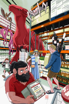 3boys 4girls alternate_costume alternate_universe animal_ears bat_(animal) bucket cat_ears cat_girl cat_tail cheese cheese_wheel chilchuck_tims costco dungeon_meshi elf english_text food harpy hat highres hood hoodie izutsumi laios_touden marcille_donato monster_girl multiple_boys multiple_girls nutella oversized_bug oversized_spider pointy_ears red_dragon_(dungeon_meshi) rem_(tsulala) senshi_(dungeon_meshi) shopping_cart sun_hat supermarket surprised tail tentacles towel walking_mushroom_(dungeon_meshi)
