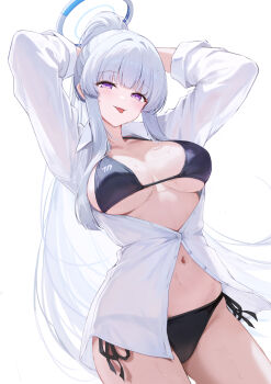 1girl arms_behind_head bikini black_bikini blue_archive blunt_bangs breasts collared_shirt commentary_request cowboy_shot dutch_angle from_below grey_hair halo high_ponytail highres large_breasts long_hair long_sleeves looking_at_viewer mechanical_halo millennium_science_school_logo navel nezumi_(09261377) noa_(blue_archive) overlighting partially_unbuttoned ponytail purple_eyes see-through_clothes see-through_shirt shirt side-tie_bikini_bottom simple_background solo standing swimsuit tongue tongue_out very_long_hair white_background white_shirt
