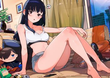 1girl adidas arm_at_side arm_up artist_name bag_of_chips bare_legs barefoot black_hair blanket blush boku_no_kokoro_no_yabai_yatsu brand_name_imitation breasts building can cellphone cesar_art456 character_doll cleavage commentary couch curtains day doll dolphin_shorts doritos drink_can english_commentary full_body grey_shorts highres ichikawa_kyoutarou indoors knees_up large_breasts legs long_hair looking_at_viewer messy_room micro_shorts navel no_shirt on_couch parted_lips phone picture_frame pillow plant potted_plant red_eyes shorts sitting skyscraper smartphone solo speech_bubble sports_bra stomach thighs vase white_sports_bra window yamada_anna