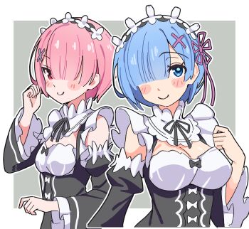 2girls blue_eyes blue_hair blush_stickers border breasts cleavage closed_mouth commentary_request detached_sleeves frilled_sleeves frills grey_background hair_ornament hair_over_one_eye hand_up highres long_sleeves looking_at_viewer maid maid_headdress medium_breasts multiple_girls noyama_takenoko one_eye_covered outline outside_border pink_hair ram_(re:zero) re:zero_kara_hajimeru_isekai_seikatsu red_eyes rem_(re:zero) roswaal_mansion_maid_uniform short_hair siblings simple_background sisters small_breasts smile twins underbust upper_body white_border white_outline wide_sleeves x_hair_ornament