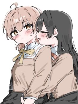 Rule 34 | 2girls, ahoge, black dress, black hair, blush, brown eyes, brown shirt, closed eyes, closed mouth, commentary request, dress, highres, hug, hug from behind, koito yuu, long hair, mesugakisaikou, multiple girls, nanami touko, neck ribbon, open mouth, pink hair, pink ribbon, ribbon, school uniform, shirt, simple background, smile, tohmi higashi high school uniform, white background, yagate kimi ni naru, yellow ribbon, yuri