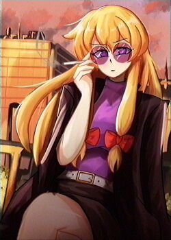 1girl black_coat black_skirt blonde_hair bow breasts brown_pantyhose building chromatic_aberration cigarette coat coat_on_shoulders commentary crossed_legs hair_bow highres holding holding_cigarette lad_der large_breasts long_hair low-tied_sidelocks pantyhose pencil_skirt purple_eyes purple_shirt red_bow scanlines shirt sidelocks sitting skirt smoke solo sunglasses touhou vhs_artifacts yakumo_yukari