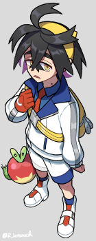 1boy apple applin black_hair blue_shirt blue_socks blueberry_academy_school_uniform botamochi_(exwelder) collared_shirt crossed_bangs food fruit full_body gen_8_pokemon gloves grey_background hair_between_eyes hairband highres jacket kieran_(pokemon) long_sleeves looking_at_viewer male_focus mole mole_on_neck multicolored_hair necktie nintendo open_mouth pokemon pokemon_(creature) pokemon_sv purple_hair red_gloves red_necktie school_uniform shirt shoes shorts simple_background single_glove socks standing white_jacket white_shoes white_shorts yellow_bag yellow_eyes yellow_hairband