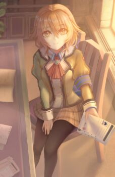 1girl ascot black_pantyhose bob_cut book brooch brown_hair brown_skirt chair closed_mouth commentary desk double-parted_bangs eiyuu_densetsu english_commentary feet_out_of_frame green_eyes green_jacket hair_between_eyes highres holding holding_paper indoors jacket jewelry long_sleeves looking_at_viewer medium_hair open_book pantyhose paper partially_shaded_face petite plaid_clothes plaid_skirt puffy_long_sleeves puffy_sleeves red_ascot school_uniform sen_no_kiseki_(series) sen_no_kiseki_i sitting skirt smile solo thors_military_academy_school_uniform towa_herschel upper_body vordvord window