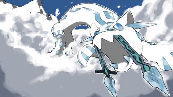 animal_focus blacknirrow blue_eyes bright_pupils chien-pao commentary fangs highres ice nintendo no_humans open_mouth pawpads pokemon pokemon_(creature) sharp_teeth skin_fangs snow_leopard teeth v-shaped_eyebrows white_pupils