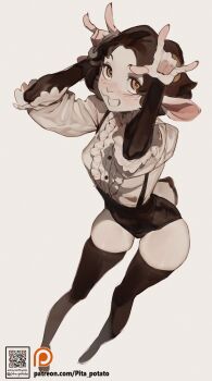 Rule 34 | 1girl, :d, absurdres, animal ears, black shorts, brown eyes, brown hair, center frills, commentary, deer ears, deer tail, english commentary, frilled shirt, frills, grey background, grin, hands up, highres, long sleeves, open mouth, original, pita-potato, shirt, short hair, short sleeves, shorts, simple background, skindentation, smile, tail, teeth, thighhighs, white shirt
