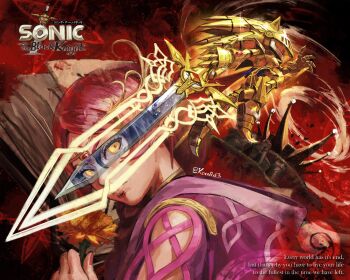 1boy 1girl absurdres armor artist_name book braid braided_ponytail caliburn_(sonic) circlet colored_skin commentary copyright_logo copyright_name dark_queen_(sonic) different_reflection dual_persona earrings english_commentary english_text excalibur_sonic flower full_armor furry furry_male gold_armor hedgehog_boy highres holding holding_sword holding_weapon hood hood_down hooded_robe jewelry kornart logo long_hair merlina_(sonic) pointy_ears purple_hair red_background red_hair reflection robe sonic_(series) sonic_and_the_black_knight sonic_the_hedgehog sword weapon yellow_eyes yellow_flower