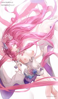 1girl artist_name bilingual_commentary breasts closed_eyes closed_mouth commentary cyrene_(honkai:_star_rail) cyrene_(ripples_of_past_reverie)_(honkai:_star_rail) dress english_commentary facing_viewer flower hair_flower hair_intakes hair_ornament halo highres honkai:_star_rail honkai_(series) large_breasts long_hair looking_at_viewer minz_(minh_nguyen) mixed-language_commentary nipples paid_reward_available pink_hair pointy_ears purple_flower purple_rose rose sidelocks smile solo thighs topless_female twitter_username very_long_hair watermark web_address white_background white_dress