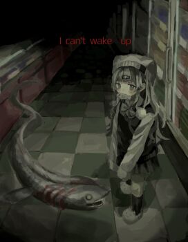 1girl animal_slippers beanie black_skirt black_sweater_vest blush dark eating english_text fish fish_in_mouth floating frilled_shark grey_eyes grey_hair hair_ornament hat highres horror_(theme) indoors long_hair looking_at_viewer original school_uniform skirt slippers supermarket sweater_vest yukitomo_(motcha111)