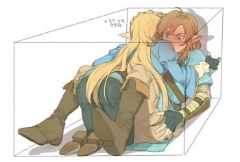 1boy 1girl blonde_hair blush boots fingerless_gloves gloves hetero kneeling link nintendo pointy_ears princess_zelda pu_hegg stuck_in_a_box the_legend_of_zelda the_legend_of_zelda:_breath_of_the_wild