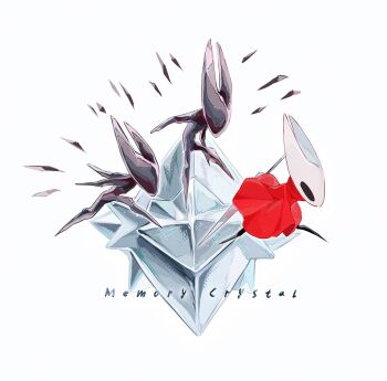 1girl arthropod_girl ben-day_dots black_eyes cloak commentary crystal english_text film_grain from_side full_body gameplay_mechanics highres hightguy hollow_knight hollow_knight:_silksong hornet_(hollow_knight) horns needle_(hollow_knight) red_cloak screentones simple_background solo symbol-only_commentary weapon weapon_on_back white_background