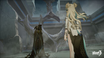 black_dress blonde_hair bracelet chinese_clothes dress duonigue_(honkai_impact) flashback highres honkai_(series) honkai_impact_3rd hood jewelry litost_(honkai_impact) logo long_hair long_sleeves multicolored_hair official_art official_wallpaper outdoors ruins songque songque_(astralop) standing streaked_hair walking white_sleeves