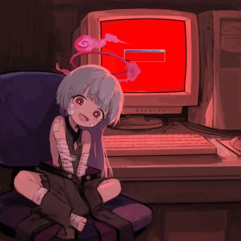 1girl absurdres backless_outfit backlighting bandage_on_face bandaged_arm bandaged_foot bandages bell black_jacket blue_archive chair cleavage_cutout clothing_cutout commentary computer computer_mouse computer_tower flat_chest glowing grey_hair halo head_tilt highres indian_style internet_explorer jacket jingle_bell k6tetsu looking_at_viewer microsoft_windows monitor off_shoulder office_chair open_clothes open_jacket open_mouth pink_eyes ribs ringed_eyes shuro_(blue_archive) sitting sleeveless smile solo swivel_chair teeth upper_teeth_only windows_2000 windows_classic