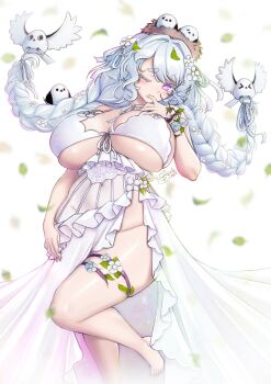 1girl animal animal_on_head bird bird_on_head braid breasts colored_eyelashes commentary covered_navel curvy dress flower flower_on_head goddess_of_victory:_nikke highres huge_breasts leaf leaf_on_head long_hair no_panties official_alternate_costume official_alternate_hairstyle on_head one_eye_closed purple_eyes sevie solo thick_eyelashes thick_thighs thighs tit_(bird) trina_(natural_white)_(nikke) trina_(nikke) twin_braids very_long_hair white_dress white_eyelashes