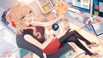 1girl black_pantyhose black_shirt blew_andwhite blonde_hair breasts checkered_floor commission computer_keyboard computer_mouse crossed_legs cup dated glasses glitch_stars green-framed_eyewear hair_ribbon highres holding holding_cup kamogumi_(kanna_yanagi) kanna_yanagi lanyard monitor multicolored_hair open_mouth orange_ribbon pantyhose pen red_skirt ribbon shirt shoes signature sitting skeb_commission skirt sleeveless sleeveless_shirt smile sticky_note streaked_hair twitter_username white_hair white_shoes yellow_eyes