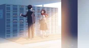 Rule 34 | 1boy, 1girl, artist name, bag, black hair, black jacket, black pants, black skirt, bloom, brown hair, closed eyes, commentary request, enpera, facing another, getabako, grey sweater, hanako151, hand up, highres, indoors, jacket, long sleeves, original, pants, parted lips, pleated skirt, red scarf, scarf, school bag, shadow, short hair, shoulder bag, skirt, smile, standing, sweater, very short hair