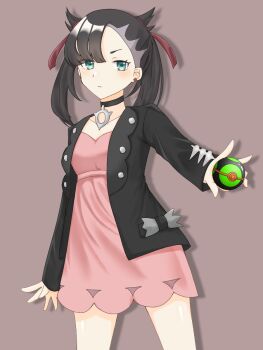 Rule 34 | 1girl, asymmetrical bangs, black choker, black hair, black jacket, brown background, choker, closed mouth, commentary request, cowboy shot, dress, dusk ball, green eyes, hair ribbon, highres, jacket, marnie (pokemon), neko uchi (hinausa0522), nintendo, pink dress, poke ball, poke ball (basic), pokemon, pokemon swsh, red ribbon, ribbon, simple background, solo, twintails, undercut, v