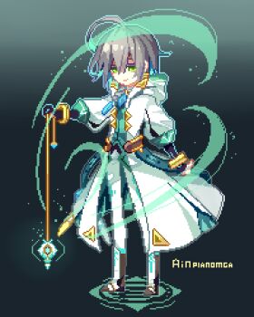 1boy ahoge ainchase_ishmael aqua_hair artist_name athria blue_outline boots character_name closed_mouth colored_inner_hair commentary elsword full_body gradient_background green_eyes green_vest grey_hair hair_between_eyes holding holding_pendulum hood hood_down hooded_robe looking_at_viewer lowres male_focus multicolored_hair open_clothes open_robe outline pants pendulum pixel_art robe short_hair simple_background smile solo standing two-tone_hair vest white_boots white_pants white_robe
