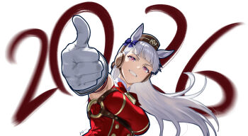 1girl 2026 absurdres animal_ears armpits bare_shoulders blush breasts brown_hat commentary_request dress earmuffs gloves gold_ship_(red_strife)_(umamusume) gold_ship_(umamusume) grey_hair grin hat highres horse_ears horse_girl large_breasts looking_at_viewer pillbox_hat purple_eyes red_dress sleeveless sleeveless_dress smile solo thumbs_up umamusume white_gloves wuhe2233pz