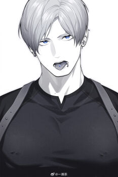 1boy blue_eyes covered_erect_nipples earrings eyelashes greyscale highres jewelry leon_s._kennedy looking_at_viewer male_focus mole mole_on_neck monochrome open_mouth piercing resident_evil shirt short_hair simple_background solo spot_color tongue_piercing upper_body weibo_3893749281 white_background
