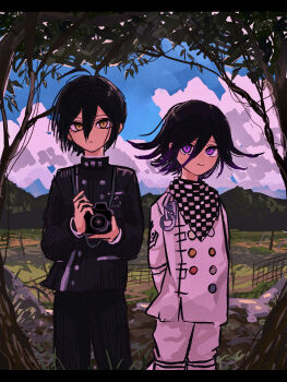 Rule 34 | 2boys, absurdres, ahoge, arms behind back, black hair, blue sky, buttons, camera, checkered clothes, checkered scarf, cloud, commentary request, cowboy shot, danganronpa (series), danganronpa v3: killing harmony, eyelashes, fence, field, flipped hair, hair between eyes, highres, hill, holding, holding camera, jacket, letterboxed, long sleeves, looking at viewer, male focus, multicolored buttons, multiple boys, nuruma3da4, oma kokichi, outdoors, pants, pinstripe jacket, pinstripe pattern, purple eyes, saihara shuichi, scarf, short hair, sky, smile, standing, thigh strap, tree, two-tone scarf, yellow eyes