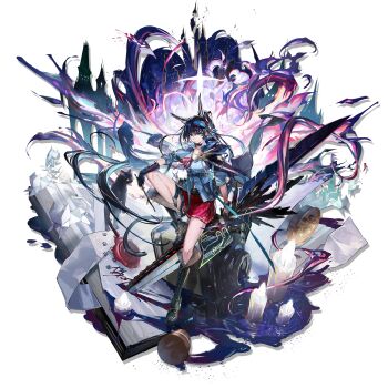 Rule 34 | 1girl, animal ears, aqua shirt, arknights, black boots, black gloves, black hair, blaze (arknights), blaze (explosive blue flame) (arknights), boots, candle, cat ears, cat girl, chainsaw, dress, full body, gloves, highres, holding, holding chainsaw, mag (mag42), official alternate costume, official art, official art redraw, pen, red dress, shirt, solo