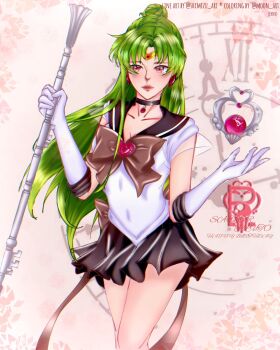 Rule 34 | bishoujo senshi sailor moon, bishoujo senshi sailor moon stars, black choker, breasts, brooch, choker, circlet, cleavage, collarbone, commentary, elbow gloves, english commentary, erni 1232, garnet rod, gloves, green hair, hair bun, heart, heart brooch, highres, jewelry, lips, long hair, meiou setsuna, parted bangs, pluto symbol, red eyes, sailor collar, sailor pluto, sailor senshi uniform, single hair bun, super sailor pluto, white gloves