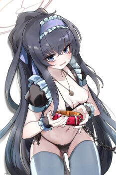 1girl bikini bitou_(bitoumaturi) black_bikini black_hair blue_archive blue_eyes comiket_104 gluteal_fold grey_thighhighs halo highres jewelry looking_at_viewer navel necklace nipples one_breast_out open_mouth simple_background solo string_bikini swimsuit thighhighs ui_(blue_archive) white_background