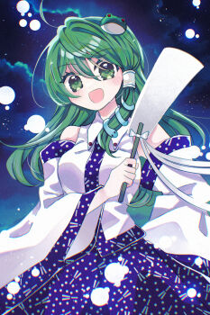 Rule 34 | 1girl, :d, ahoge, bare shoulders, blue skirt, blush, breasts, cloud, commentary request, cowboy shot, detached sleeves, frog hair ornament, gohei, green eyes, green hair, hair ornament, hair tubes, highres, holding, holding gohei, katsuragi atori, kochiya sanae, long hair, long sleeves, looking at viewer, medium breasts, night, open mouth, outdoors, print skirt, single hair tube, skirt, sky, smile, snake hair ornament, solo, touhou, white sleeves, wide sleeves